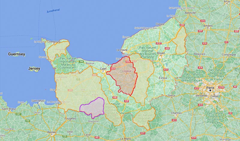 Calvados Herkunftsgebiete: orange - AOC Calvados; lila - AOC Domfrontais; rot - AOC Pays d