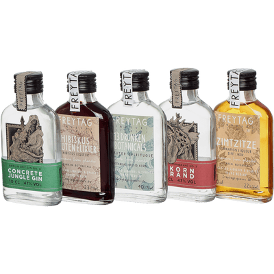 The ultimate set of FREYTAG Liqueurs & Spirits (1x Gin + 1x Hibiscus Liqueur + 1x Botanical Infused Grain + 1x 3 Grain Brandy + 1x Cinnamon Liqueur)