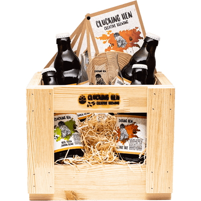 Craft Beer Geschenk-Set Holzkiste (4 verschiedene Biere + Glas + Untersetzer)