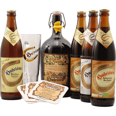Hufeisenpaket - Bierpaket (4 verschiedene Biere + Bierbrand + Glas)