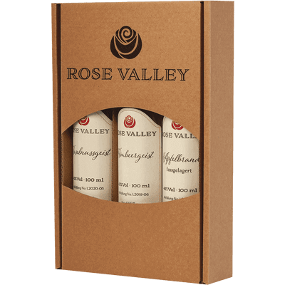 Rose Valley Tastingbox - Obstbrände & Likör (1x Wahlsche Schnapsbirne + 1x Kakaolikör + 1x Quittenbrand )