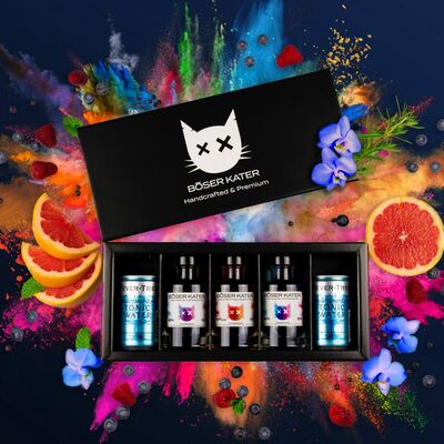 Böser Kater Farbwechsel Gin Tasting Set (1x Magic Berry Gin + 1x Magic Grapefruit Gin + 1x Two Faced Gin + 2x Fever-Tree Mediterranian Tonic Water)