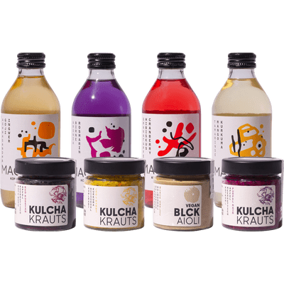 KulchaBox Starter Paket (4x Bio-Kobucha verschiedene Sorten + 3x Fermentiertes Gemüse + 1x Black Aioli)