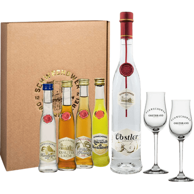Schwechower Obstler gift set with glasses (2x brandies + 3x liqueur + 2 aroma glasses)