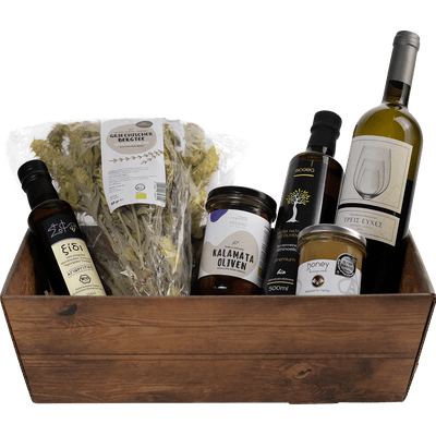Biogea Gift Basket Olymp (1x olive oil + 1x red wine vinegar + 1x mountain tea+ 1x olives + 1x honey + 1x white wine)