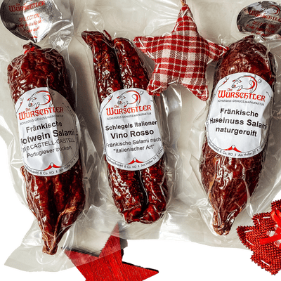 Die Wurschtler Salami Genießer Trio (1x Rotwein Salami + 1x Salami Vino Rosso + 1x Haselnuss Salami)