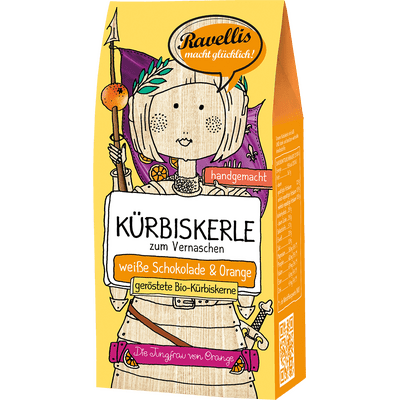 Ravellis Kürbiskerle - Die Jungfrau von Orange - Bio-Kürbiskerne mit weißer Schokolade & Orange